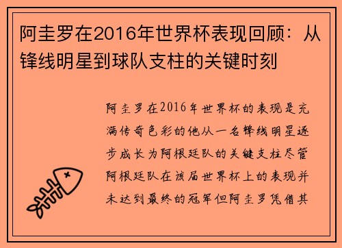 阿圭罗在2016年世界杯表现回顾：从锋线明星到球队支柱的关键时刻