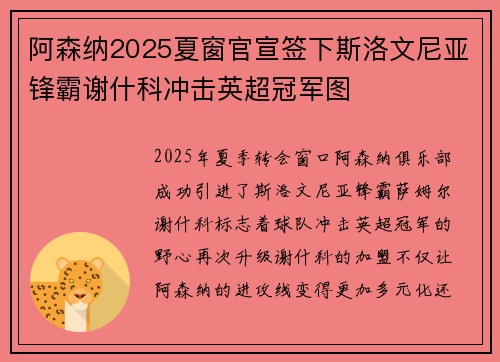 阿森纳2025夏窗官宣签下斯洛文尼亚锋霸谢什科冲击英超冠军图